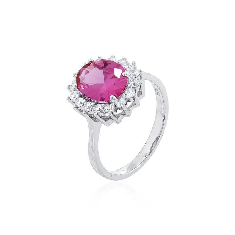 8 MM OVAL RING WITH PRINCESS SETTING AROUND RHODIUM/PINK SAPPHIRE/WHITE ZIRCONIA