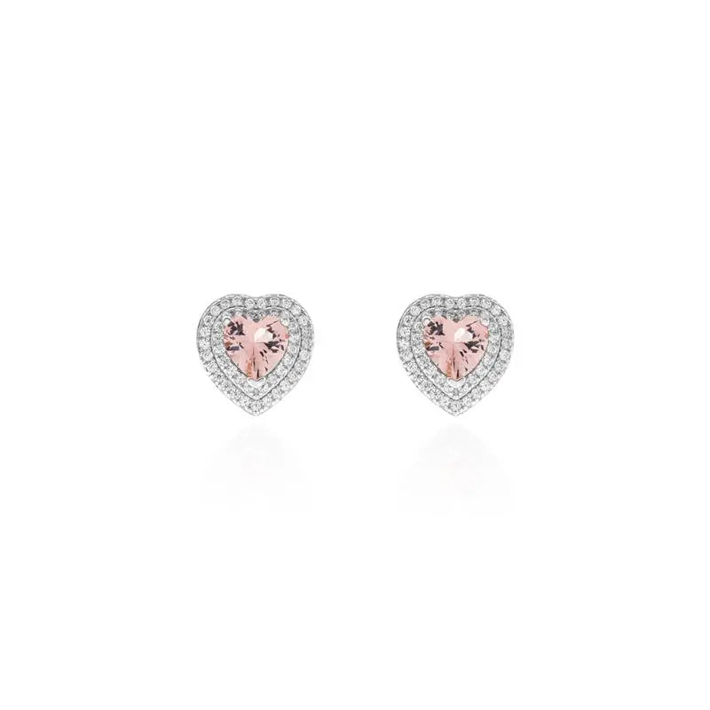 HEART EARRING 6 MM TWO ROWS STUDDED AROUND RHODIUM/MORGANITE/WHITE ZIRCONIA